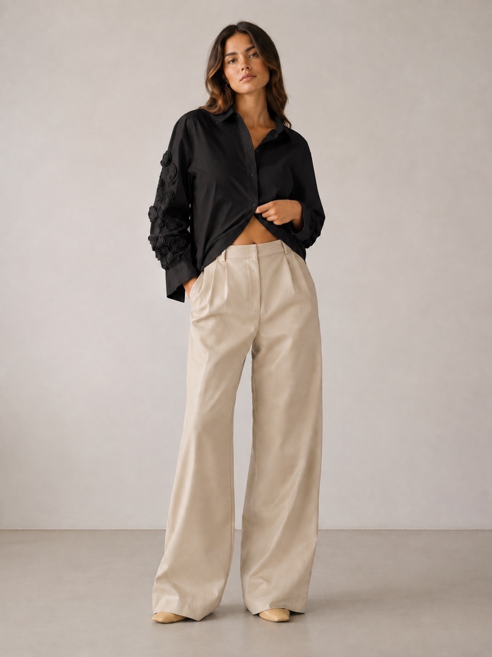 Anthropologie Hutch Tan Shimmer Faux Leather Wide Leg Pants, size 8